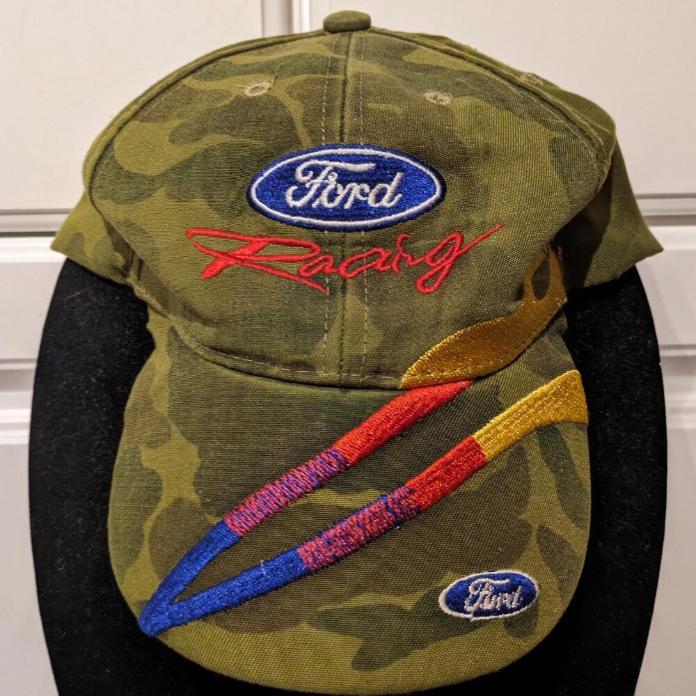 Vintage Ford Racing Camouflage Strap Back Hat Cap Flames Embroidered Rainbow